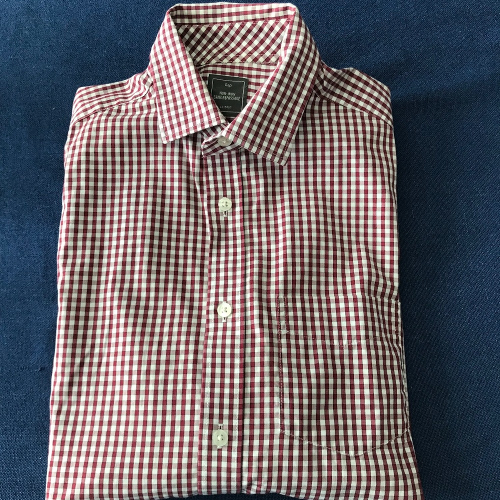 Gap Men’s US S No Iron Dress Shirt Long Sleeve Burgundy /White Check 💯 % Cotton
